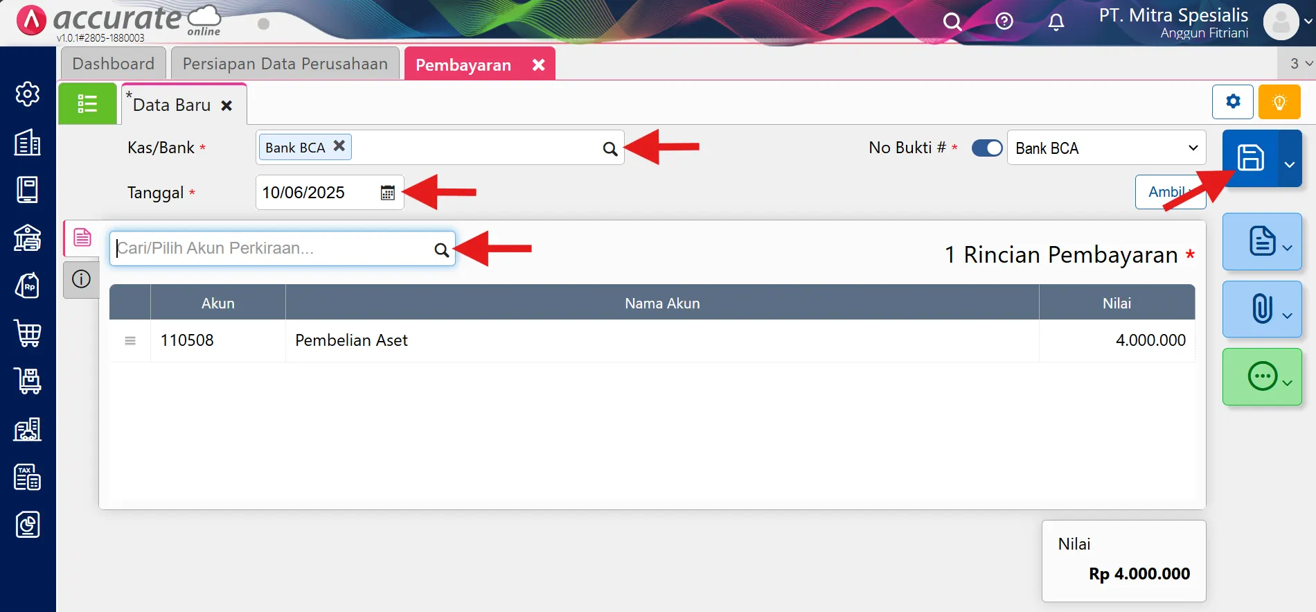 mencatat pembelian aset tetap melalui pembayaran